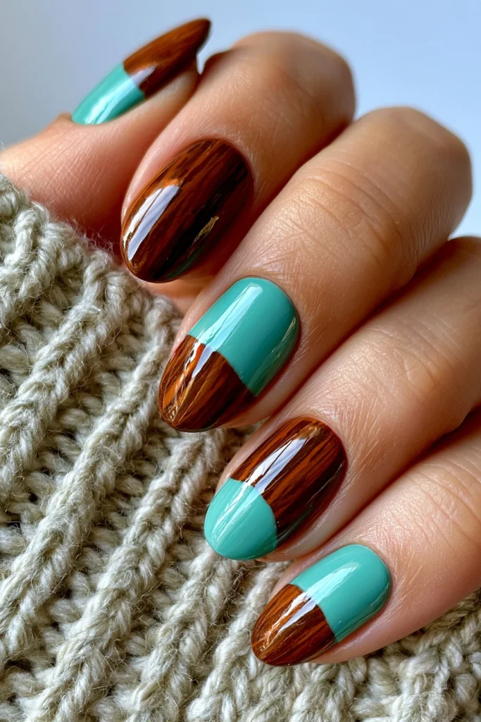 8 Teal and Brown Nails Ideas 2 Glossy Teal and Chocolate Color Block Nails