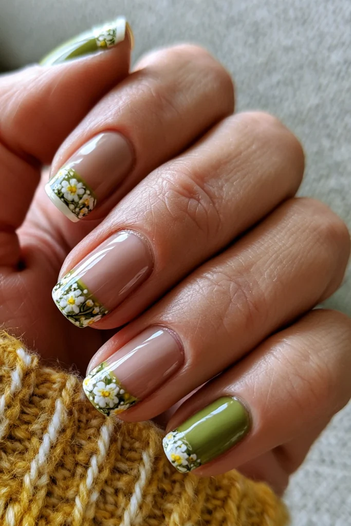 10 Green French Tip Nails Ideas 9 Green French Tips with Tiny White Flowers