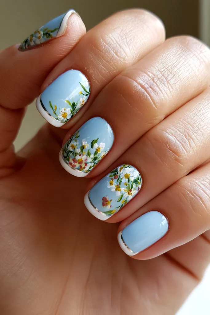 9 Soft French Tip Nails Ideas 7 Light Blue French Tips with Tiny Flowers