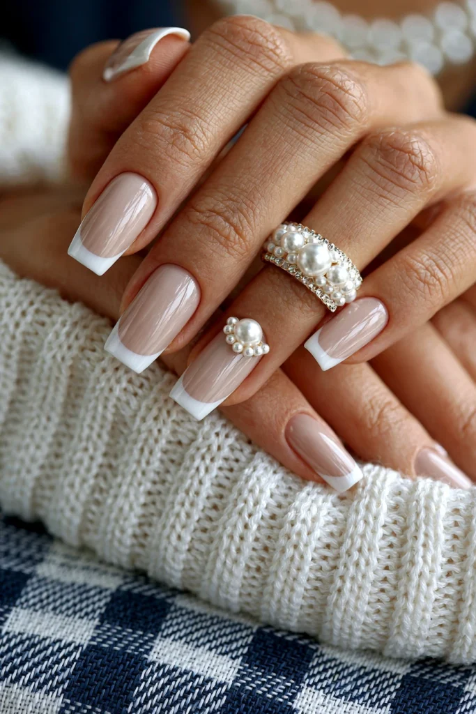 13 Coffin French Tip Nails Ideas 14 Pearl Accent French Tip Coffin Nails