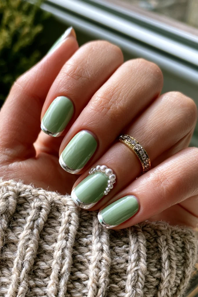 10 Green French Tip Nails Ideas 11 Pearl Accent Green French Tips