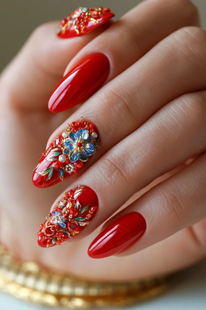 9 Red Almond Nails Ideas 4 Red 3D Flower Nail Art