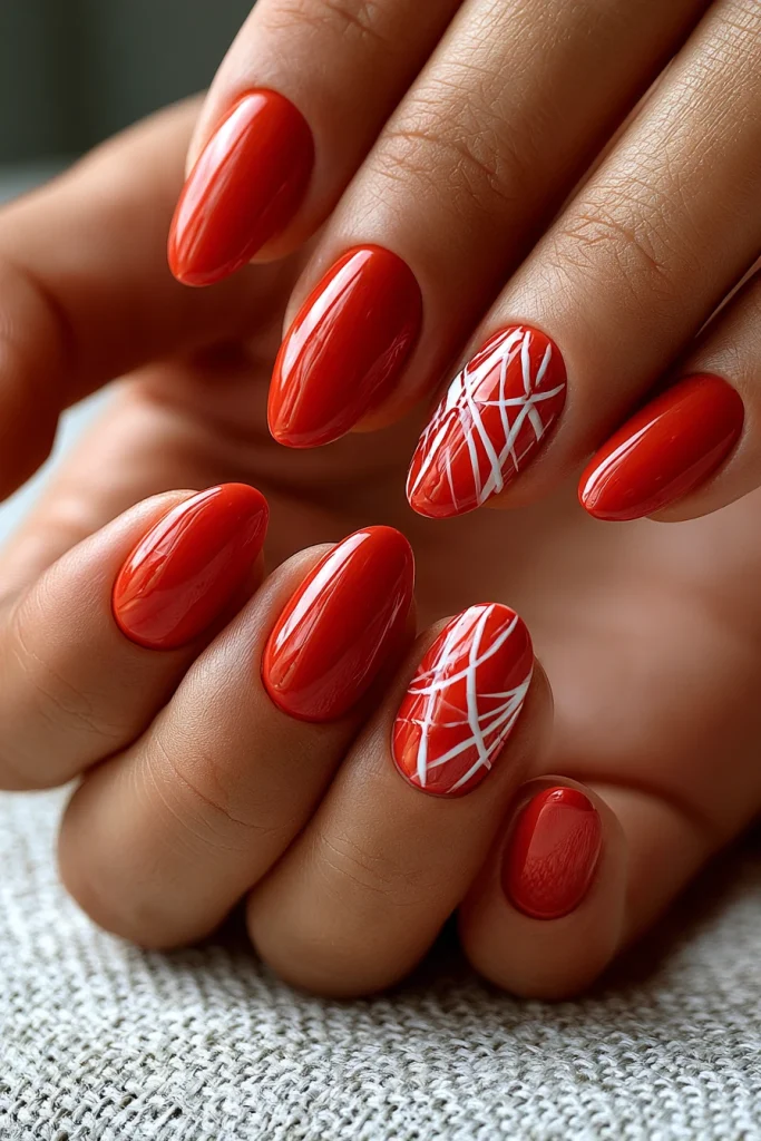 9 Red Almond Nails Ideas 10 Red Almond Nails with Minimal Line Art