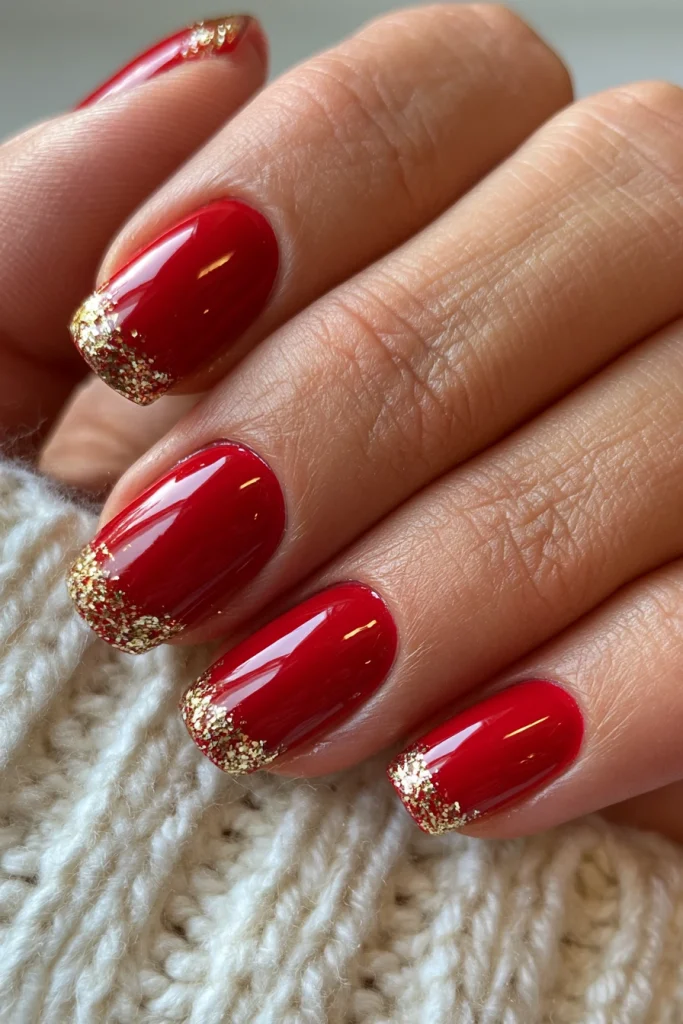 10 Famous Red Gel Nails Ideas 4 Red Gel Nails with Gold Glitter Tips