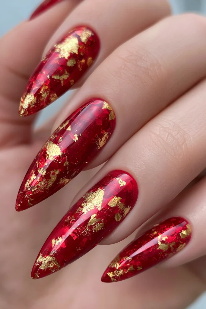 9 Red Glass Nails Ideas 3 Red Glass Nails with Gold Foil