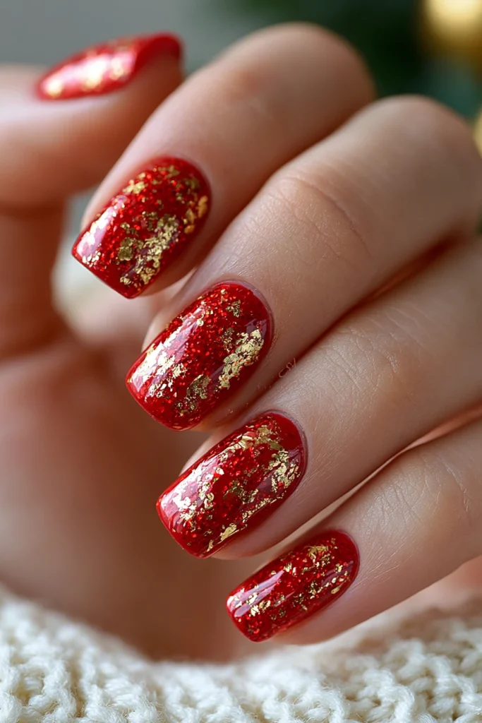 8 Red Glitter Nails Ideas 6 Red Glitter Nails with Gold Foil