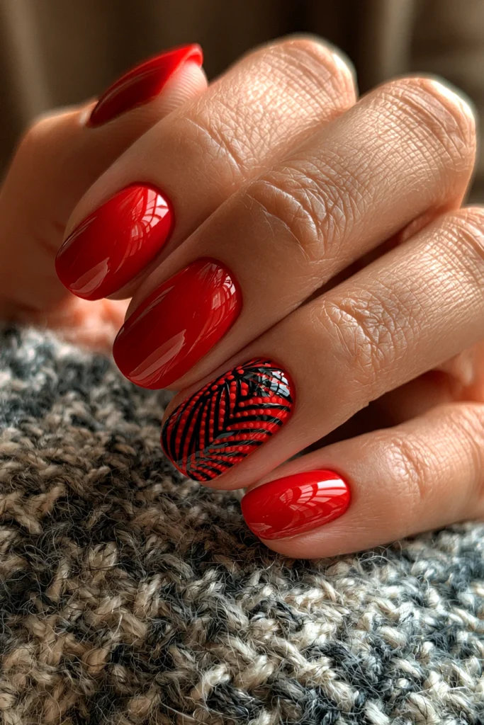 13 Red Nails Inspo Ideas 14 Red Nails with Black Line Art