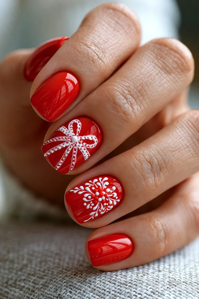 9 Famous Red Prom Nails Ideas 10 Red Nails with Delicate Bow Nail Art 2