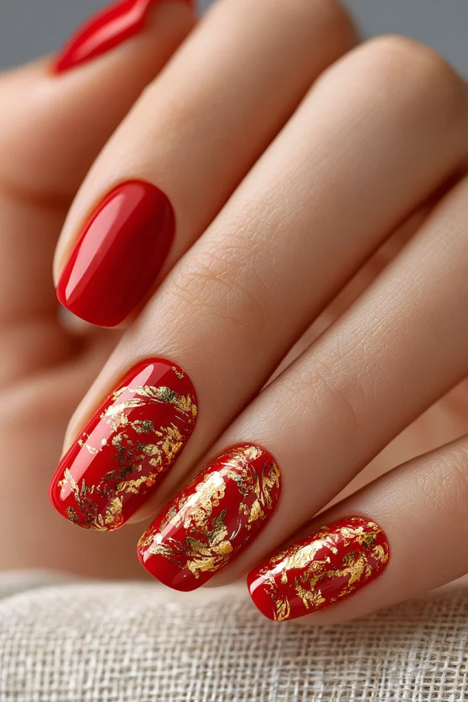 13 Red Nails Inspo Ideas 7 Red Nails with Gold Foil