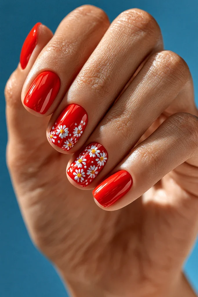 8 Summer Red Nails Ideas 5 Red Nails with Tiny Daisy Accents