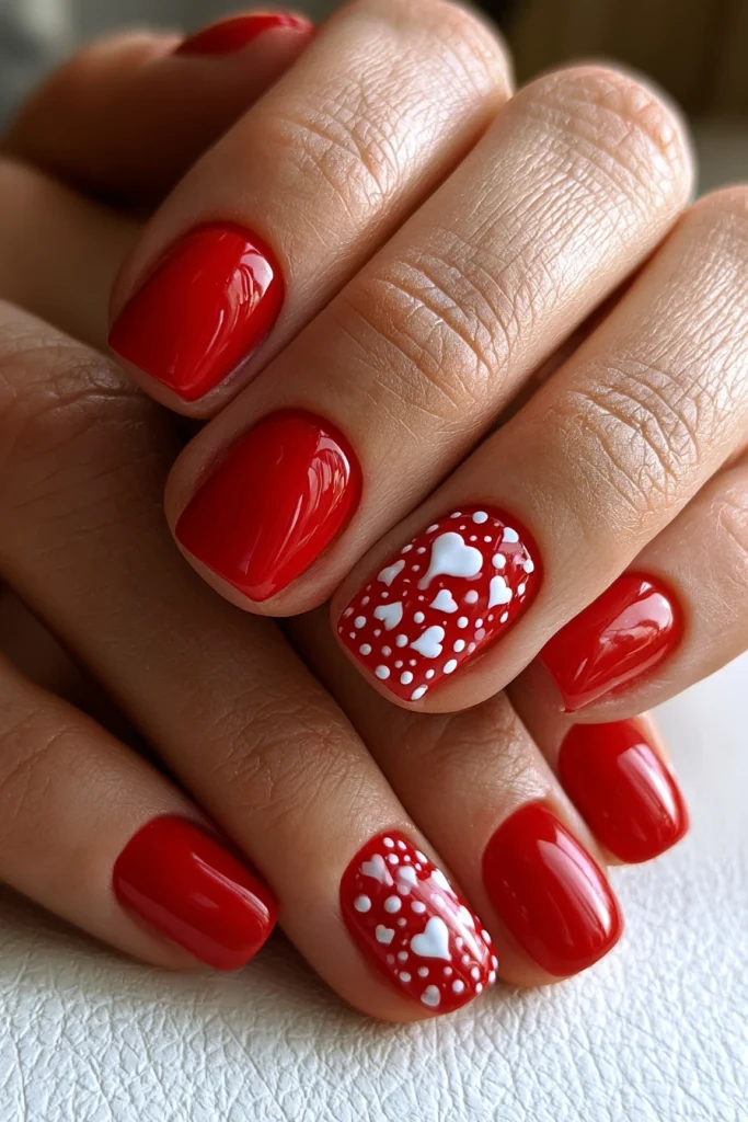 8 Short Red Nails Ideas 7 Red Nails with Tiny Heart Details