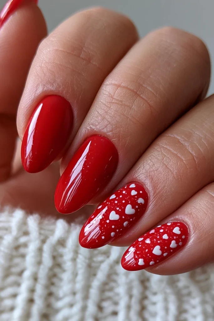8 Red Holiday Nails Ideas 5 Red Nails with Tiny Hearts