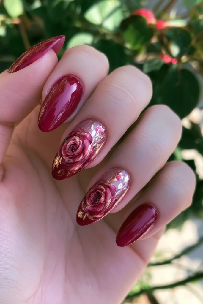 9 Red Glass Nails Ideas 8 Red Rose Accent Glass Nails