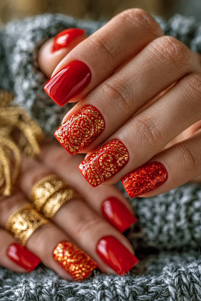 10 Special Red Square Nails Ideas 6 Red and Gold Square Nails