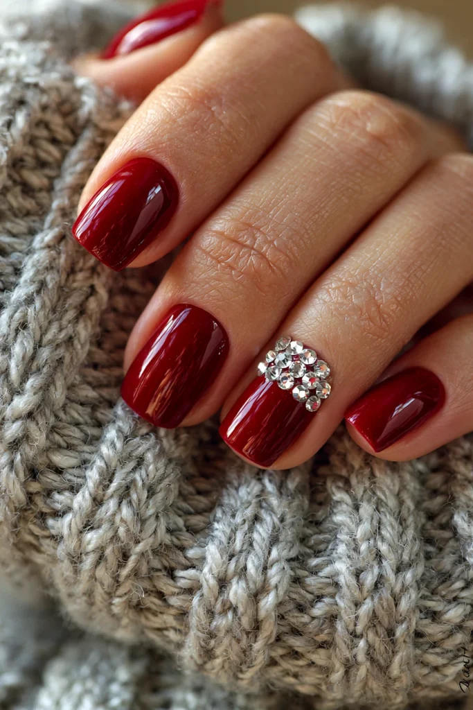 10 Deep Red Nails Ideas 11 Simple Deep Red Nails with Crystal Accents