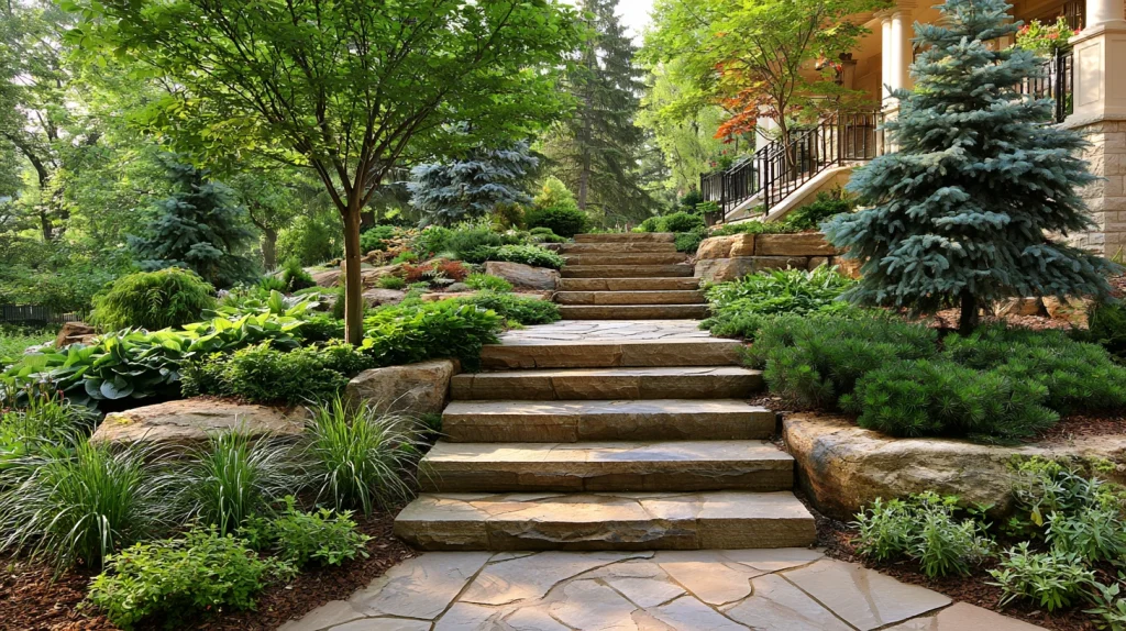 7 Modern Outdoor Stairs Ideas 4 Stone Staircase with Garden Landscaping