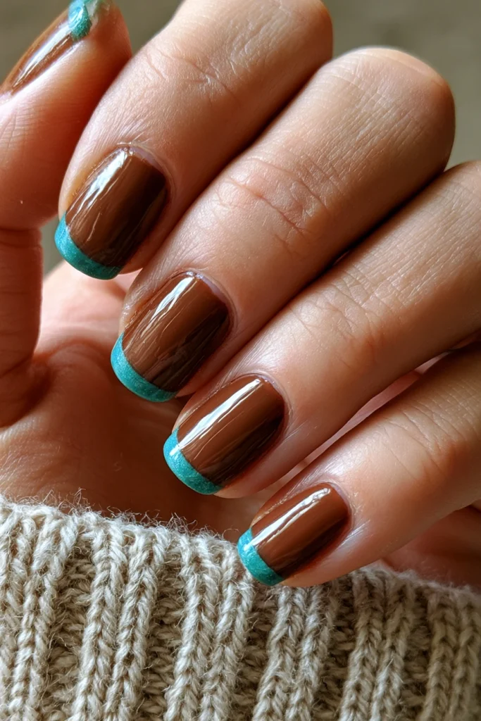 8 Teal and Brown Nails Ideas 5 Teal French Tips on Brown Nude Base