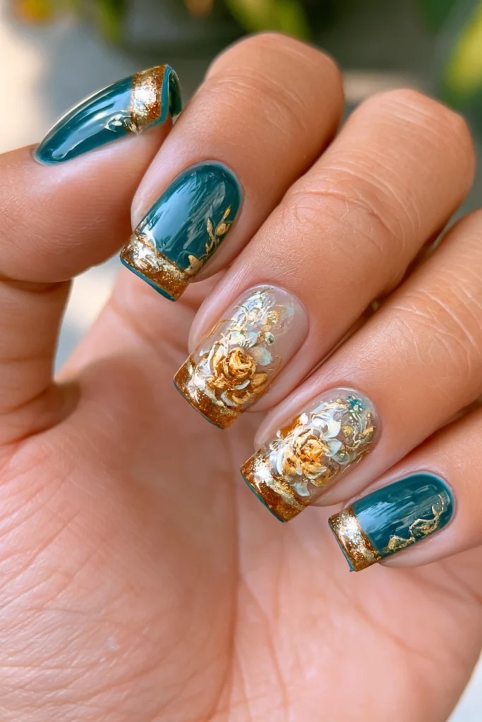 9 Teal French Tip Nails Ideas 8 Teal French Tips with Floral Accents