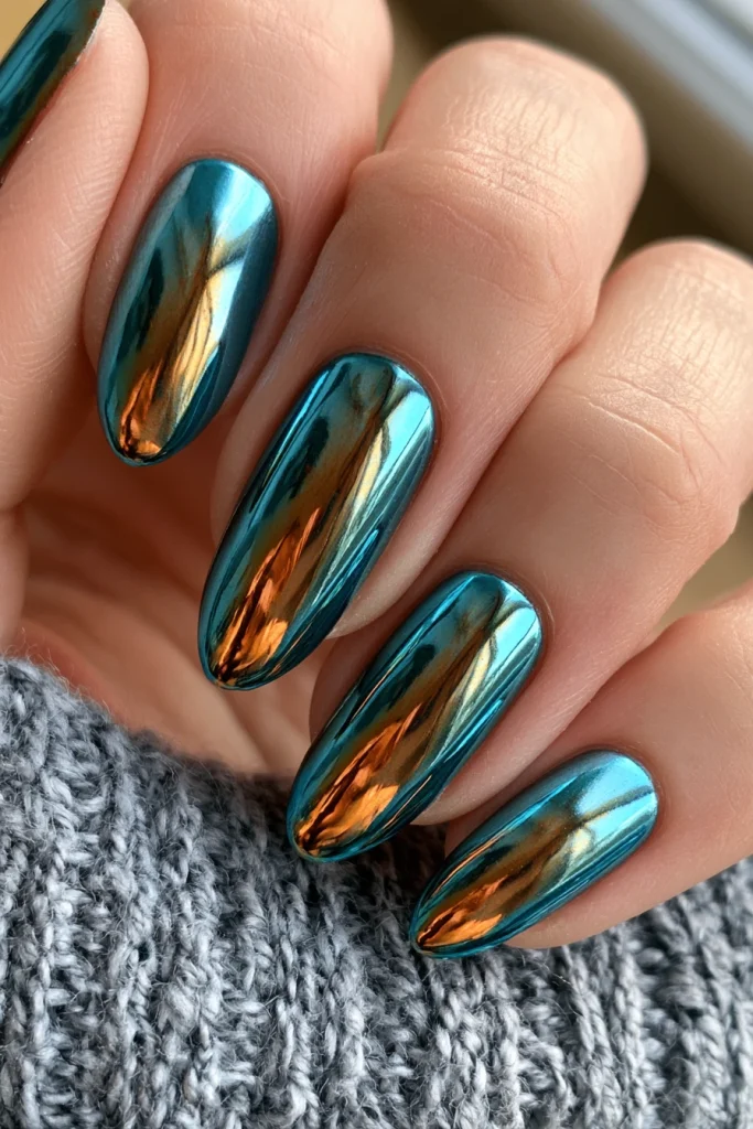 8 Teal and Brown Nails Ideas 6 Teal and Brown Chrome Nails