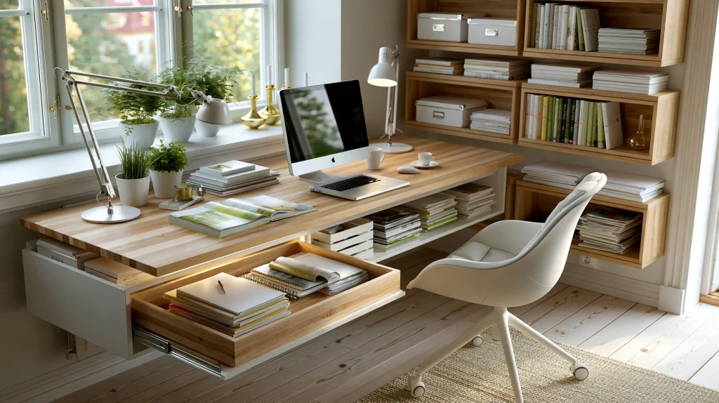 12 Special Hidden Desk in Living Room Ideas 11 Use a Floating Desk with Hidden Storage