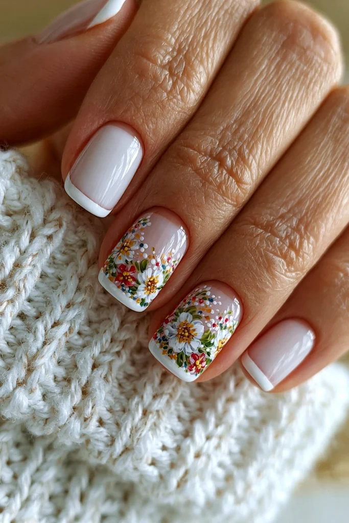 12 White French Tip Nails with Design Ideas 3 White French Tips with Floral Art