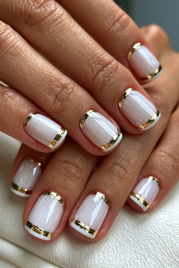 12 White French Tip Nails with Design Ideas 5 White French Tips with Gold Chrome Lines
