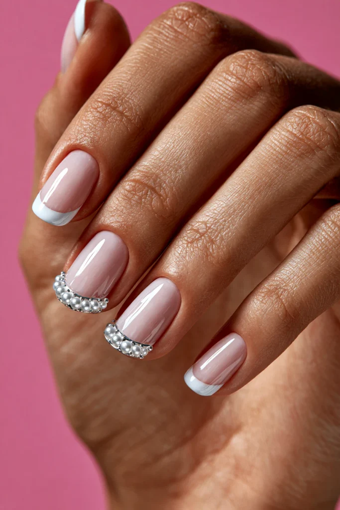12 White French Tip Nails with Design Ideas 6 White French Tips with Pearls