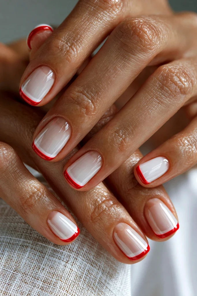 12 White French Tip Nails with Design Ideas 12 White French Tips with Red Outline